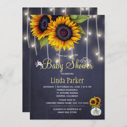 Sunflowers navy chalkboard autumn baby shower invitation