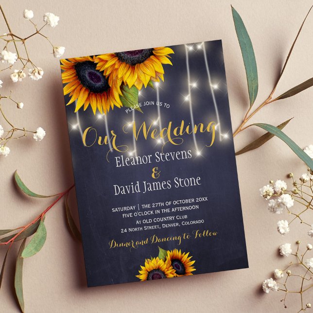 Sunflowers navy chalkboard fall trendy wedding invitation (Creator Uploaded)