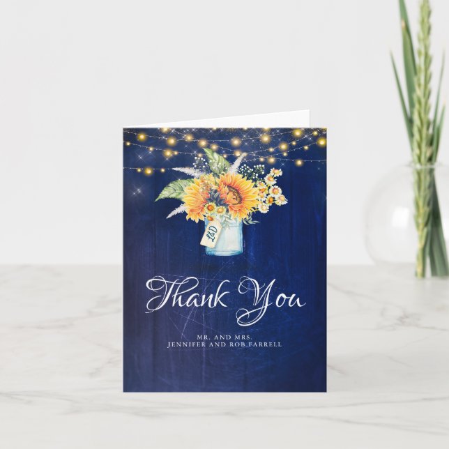 Sunflowers Navy Rustic Country Wedding Thank You Card (Front)