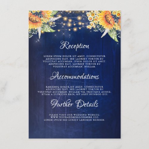 Sunflowers Navy Rustic Wedding Details Information Enclosure Card