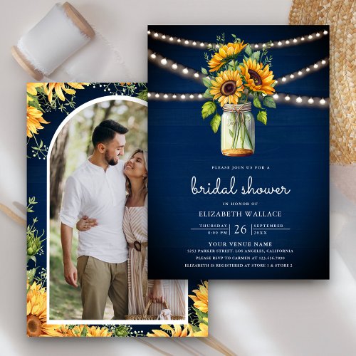 Sunflowers Navy Wood Mason Jar Photo Bridal Shower Invitation