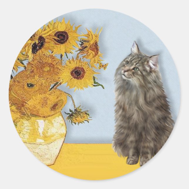 Sunflowers - Norwegian Forest cat Classic Round Sticker (Front)