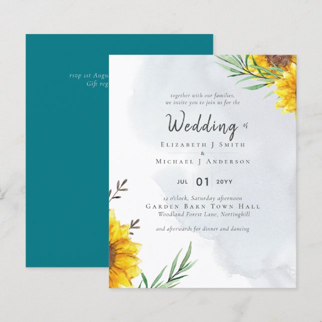 Sunflowers Olive Leaves Rustic Teal Wedding (Front/Back)