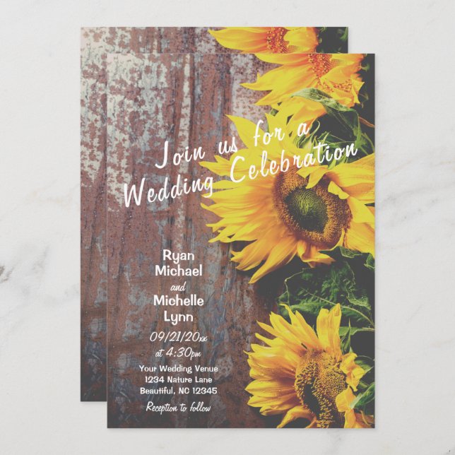 Sunflowers on Barn Wood Rustic Country Wedding Invitation (Front/Back)