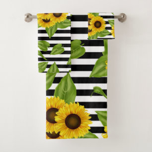 Sunflowers on black and white bath towel set