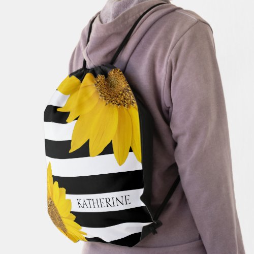 Sunflowers on Black and White Stripes Personalized Drawstring Bag