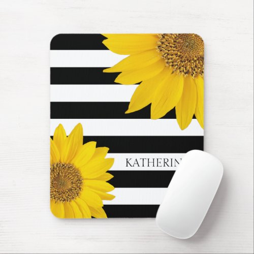 Sunflowers on Black and White Stripes Personalized Mouse Pad