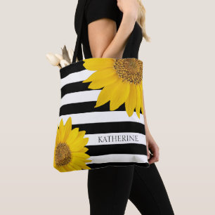 Sunflowers on Black and White Stripes Personalized Tote Bag