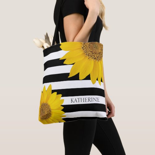 Sunflowers on Black and White Stripes Personalized Tote Bag