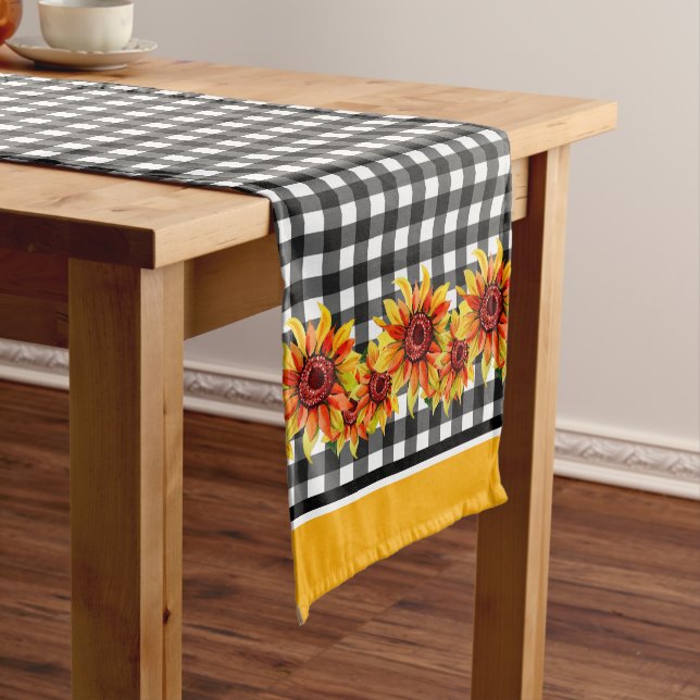 Sunflowers On Black Gingham Medium Table Runner (In Situ)
