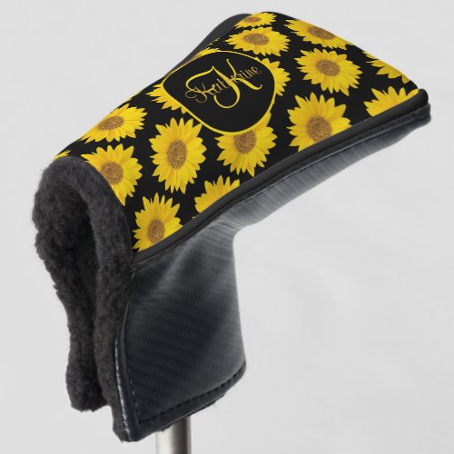 Sunflowers on Black Monogram Floral Golf Head Cover