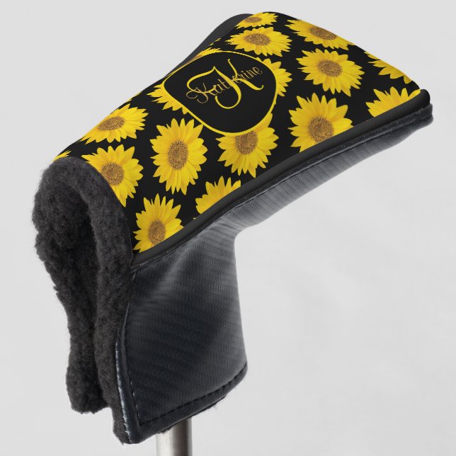 Sunflowers on Black Monogram Floral Golf Head Cover (3/4 Front)