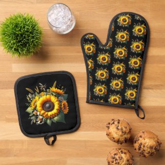 Sunflowers on Black Oven Mitt and Pot Holders