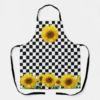 Sunflowers on Black White Checkerboard Pattern