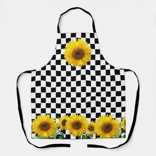 Sunflowers on Black White Checkerboard Pattern Apron