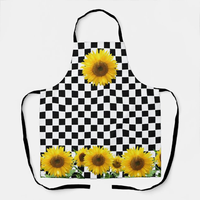 Sunflowers on Black White Checkerboard Pattern Apron (Front)