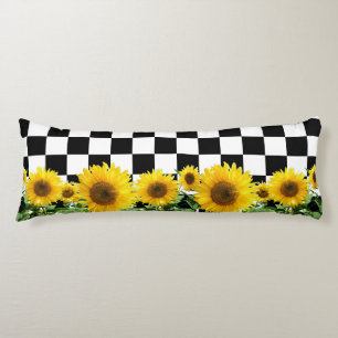 Sunflowers on Black White Chess Board Pattern Body Pillow