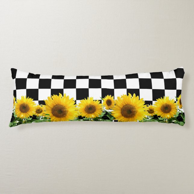 Sunflowers on Black White Chess Board Pattern Body Pillow (Front)