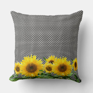 Sunflowers on black & white chess pattern throw pillow