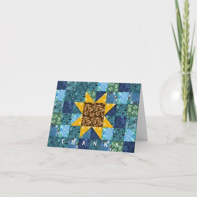 Sunflowers on Blue Americana Patchwork Quilt Thank You Card (Front)