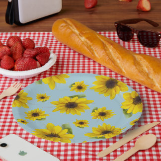 Sunflowers on Blue Paper Plates
