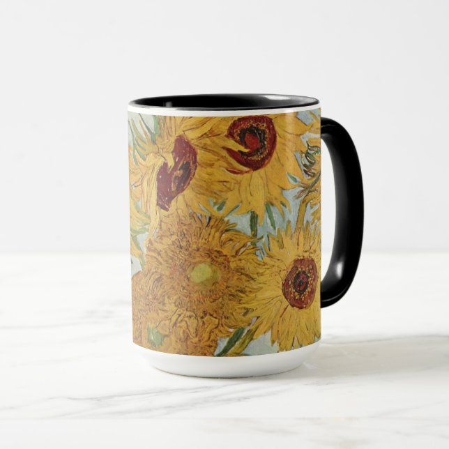 Sunflowers(on blue)-Vincent van Gogh Small Mug (Front Right)