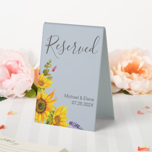  Sunflowers on Blue Wedding Reserved  Table Tent (In SItu (Wedding))