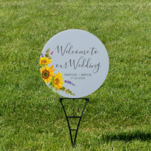 Sunflowers on Blue Wedding Round Welcome Sign