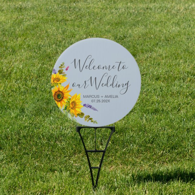 Sunflowers on Blue Wedding Round Welcome Sign (Insitu)