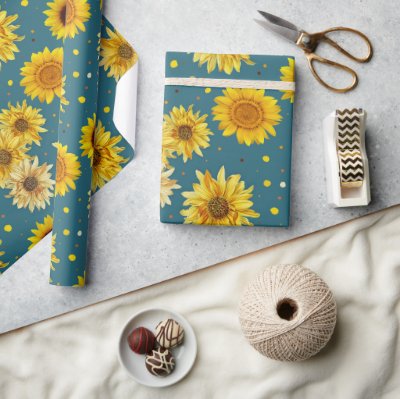 Sunflowers on Blue Wrapping Paper