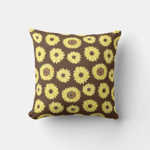 Sunflowers on Brown Background Throw Pillow