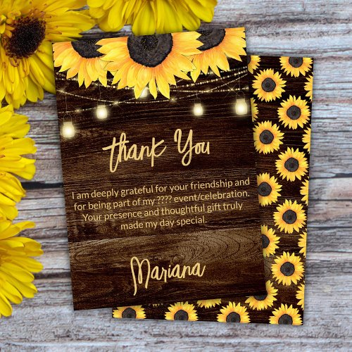 Sunflowers on Brown Wood Party Thank You Card