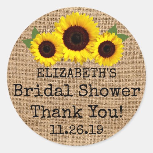 Sunflowers On Burlap Fall Bridal Shower Favor Classic Round Sticker