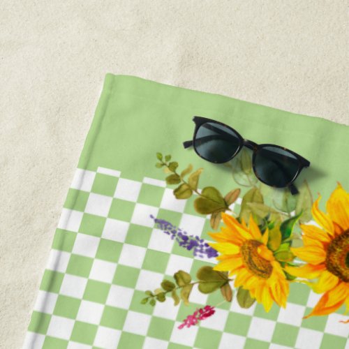 Sunflowers on Checkerboard  Beach Towel