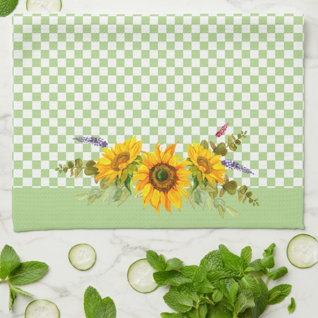 Sunflowers on Checkerboard  Kitchen Towel (Folded)