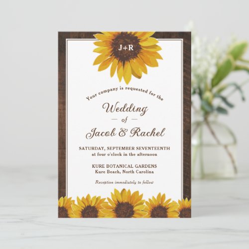 Sunflowers on Dark Wood Country Rustic Wedding Invitation