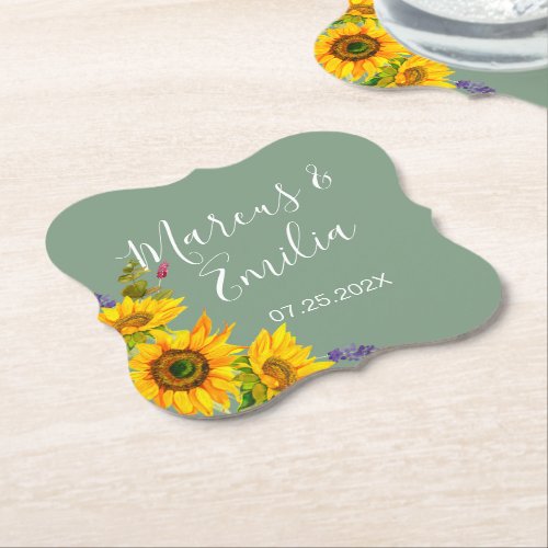 Sunflowers on Green Wedding  Paper Coaster