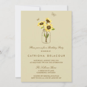 Sunflowers on Mason Jar Birthday Party Invitation