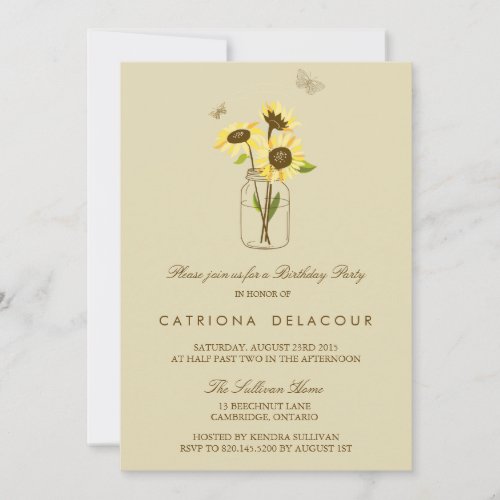 Sunflowers on Mason Jar Birthday Party Invitation