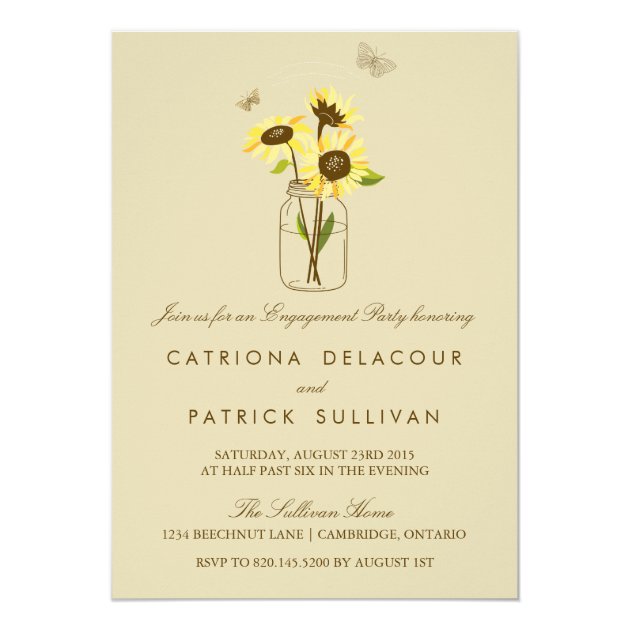 Sunflowers On Mason Jar Engagement Invitation
