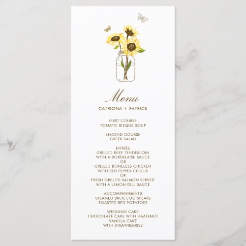 Sunflowers on Mason Jar Floral Wedding Menu Card