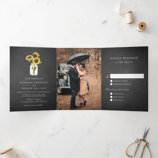 Sunflowers on Mason Jar Rustic Chalkboard Wedding Tri-Fold Invitation (Inside)