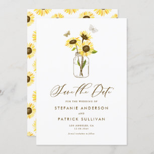 Sunflowers on Mason Jar Save the Date Announcement