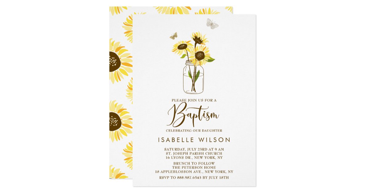 Sunflowers on Mason Jar Summer Baptism Invitation