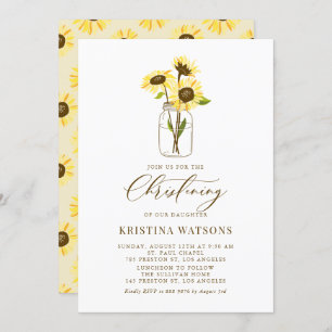 Sunflowers on Mason Jar Summer Christening Invitation