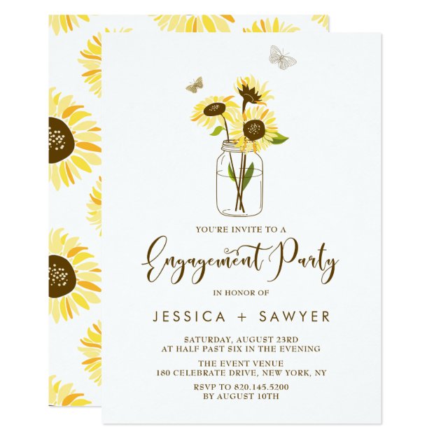 Sunflowers On Mason Jar Summer Engagement Party Invitation