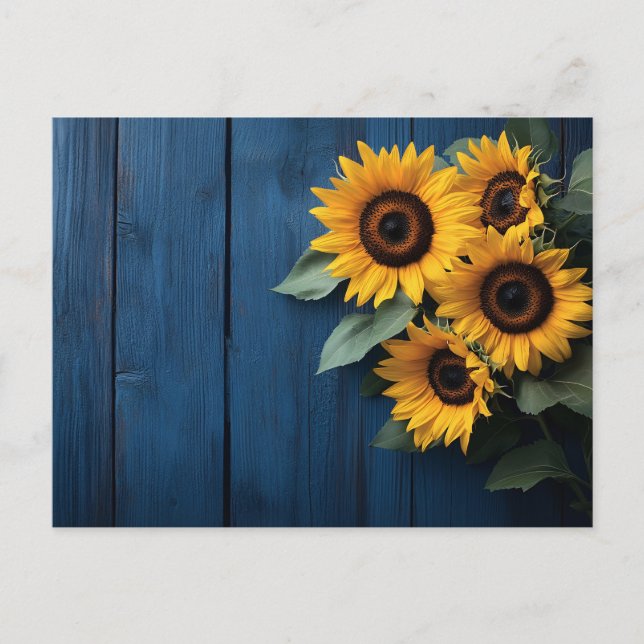 Sunflowers on Navy Blue Wood Postcard (Front)