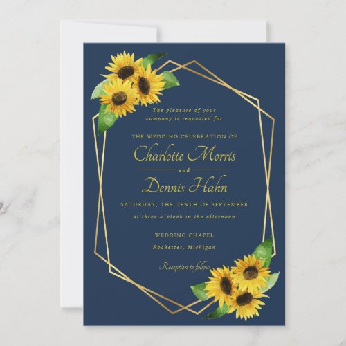 Sunflowers on navy wedding invitation