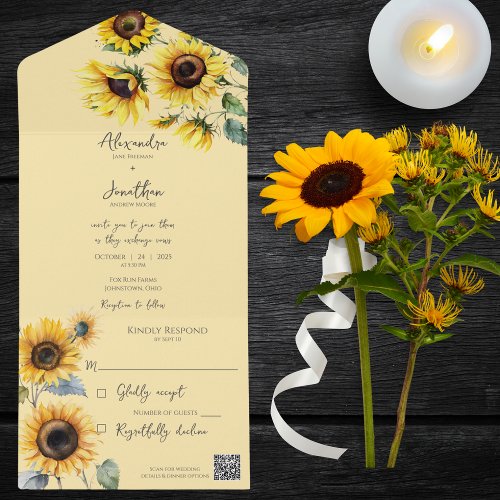 Sunflowers on Pale Gold QR Code  All In One Invitation