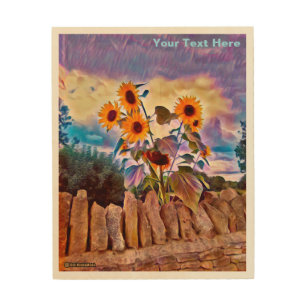 Sunflowers On Rock Wall Wood Wall Art